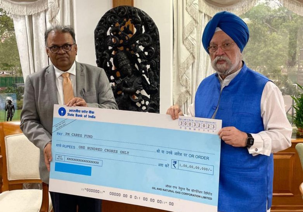 Received a cheque of ₹100 cr for PM Cares Fund from energy Maharatna ONGC Limited
