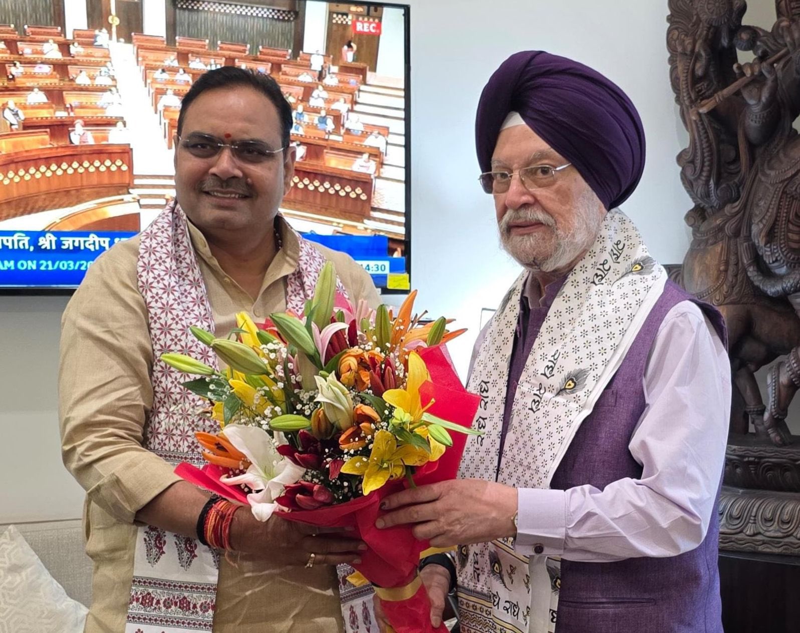 Very happy to meet Chief Minister of Rajasthan Sh Bhajan lal Sharma Ji in my Parliament chamber