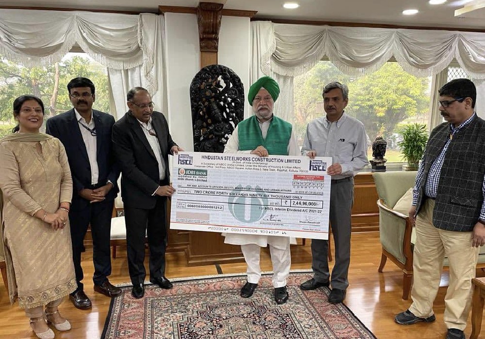 Received a dividend cheque of ₹55.58 crores from Navratna CPSE NBCC (India) Ltd NBCC India Limited for Financial Year 2021-22 & its subsidiary Hindustan Steelworks Construction Limited, a Miniratna also paid a dividend of ₹4.1 crore for FY 2021-22