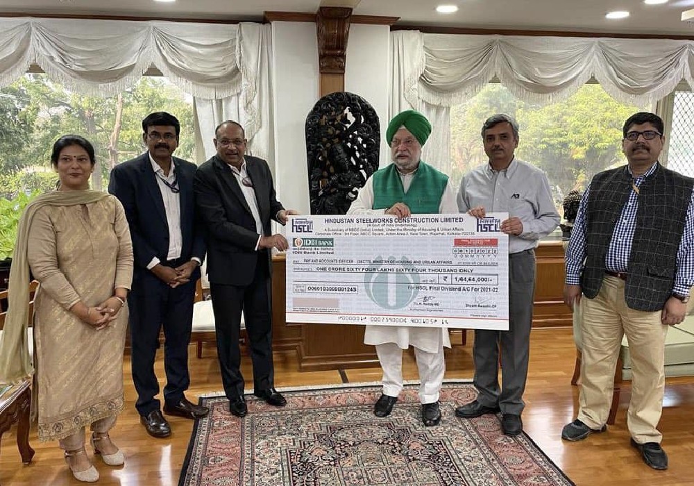 Received a dividend cheque of ₹55.58 crores from Navratna CPSE NBCC (India) Ltd NBCC India Limited for Financial Year 2021-22 & its subsidiary Hindustan Steelworks Construction Limited, a Miniratna also paid a dividend of ₹4.1 crore for FY 2021-22