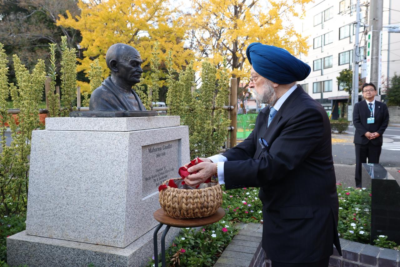 Paid floral tribute to Mahatma Gandhi Ji at his bust installed on the Freedom Plaza, in Edogawa, Tokyo